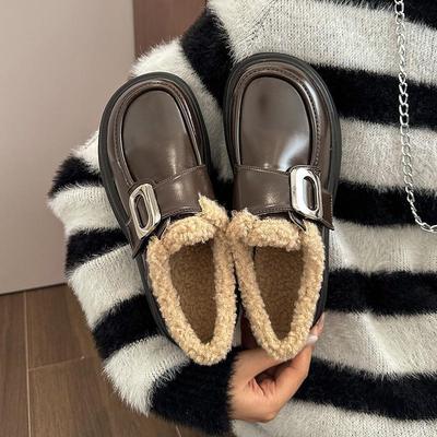 Schwarze britische Stil kleine Lederschuhe Damen Winter 2025 neu Japanische Uniformschuhe Plateausohle Slipper aus Samt zum Hineinschlüpfen
