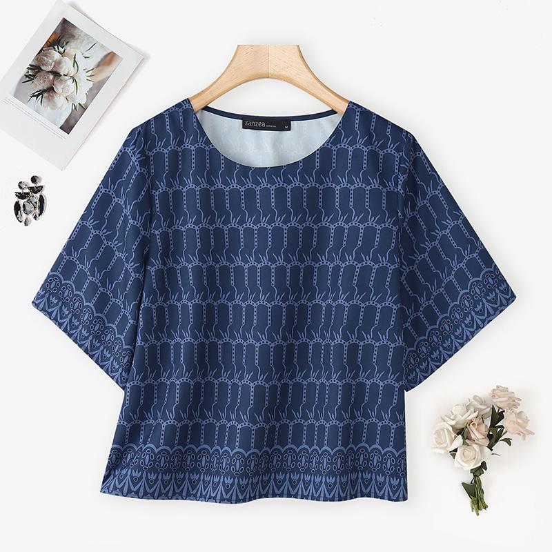 

ZANZEA Women Summer Round Neck Casual Short Sleeve Print Blouse 5XL темно-синий