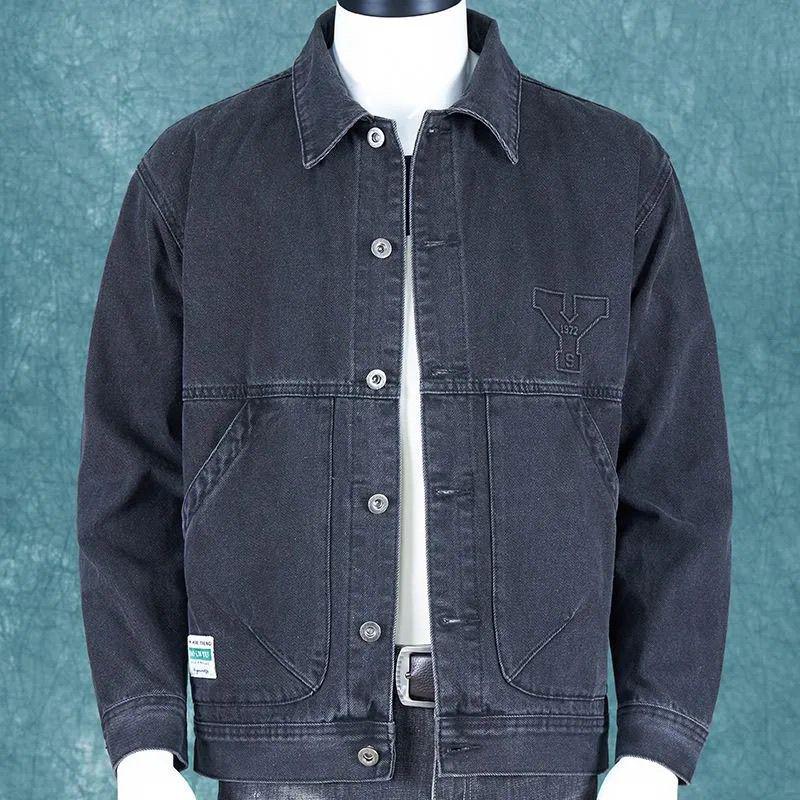 Men's Trendy Retro Motorcycle Denim Jacket - Slim Fit, Fashionable Baseball Collar for Autumn and Winter.
