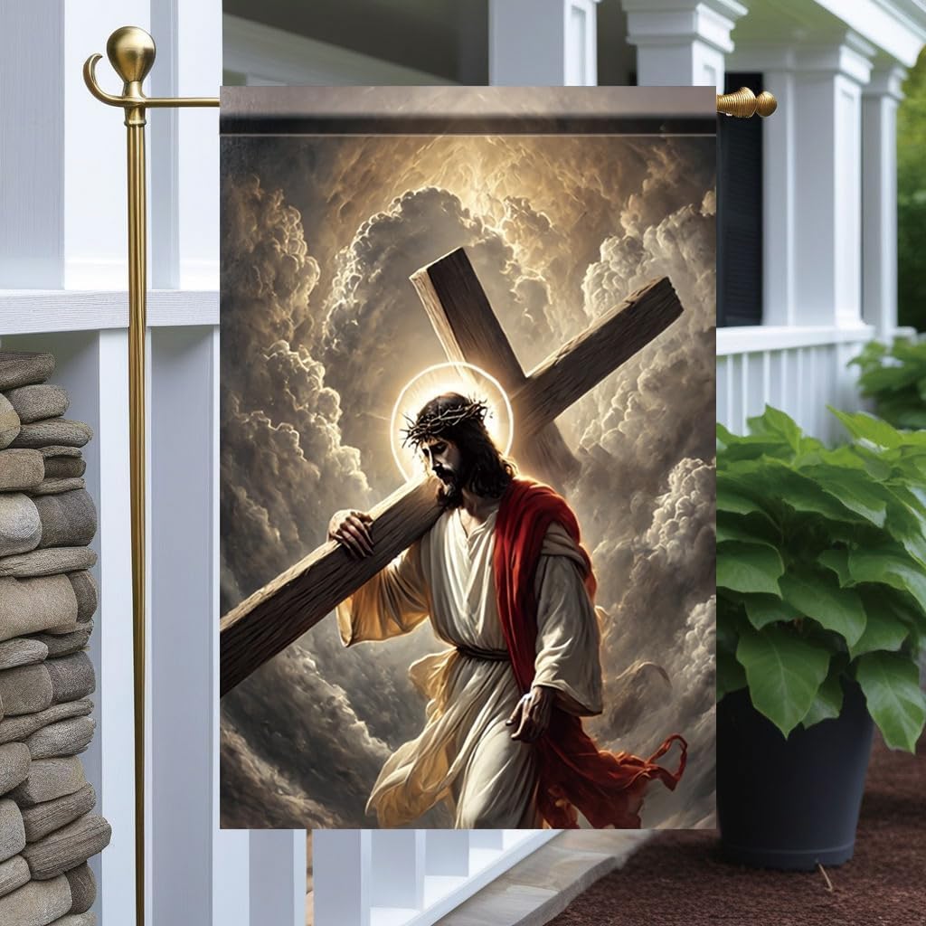 Jesus Carrying Cross Garden ag 12x18 Inch Double Sided Outdoor Yard Banner Christian Religious Easter Resurrection Design