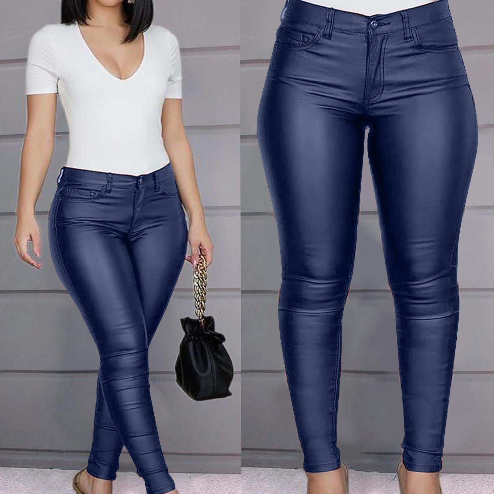 Women s Large Size High Waisted Buttoned Pants Casual Sexy Leather Pants S синий