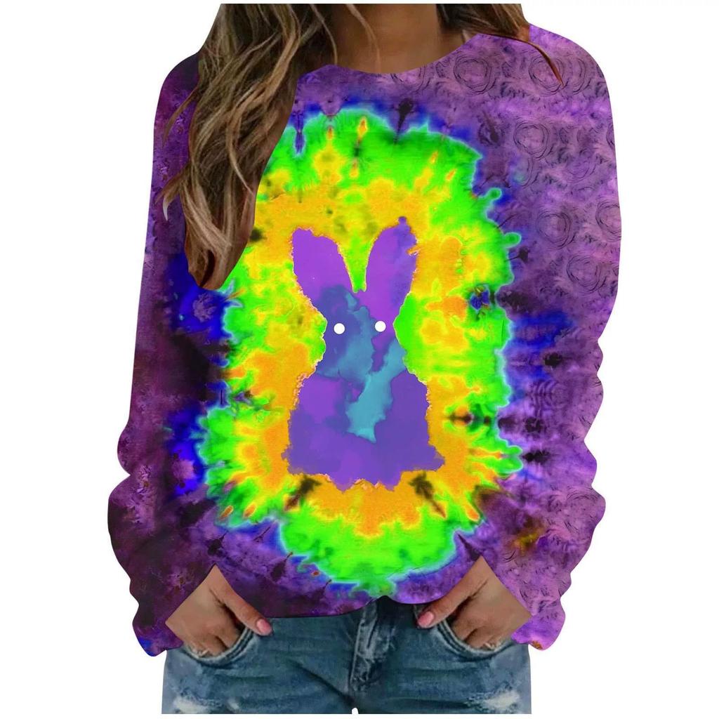 Round Neck 3D Tie Dye Rabbit Printed Top Fashionable Casual Long Sleeved Women's T-shirts