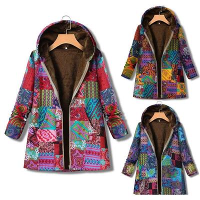 Women Winter Warm Outwear Casual Long Sleeve Pocket Hoodie Zipper Coats Floral Fleece Vintage Jacket