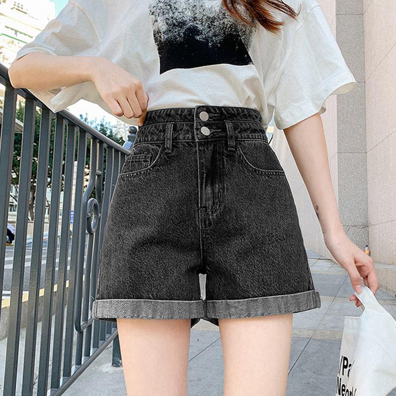 Women's Super High Waist Double Button Cuffed Denim Shorts - 2022 Spring/Summer, Slimming A-line Hot Pants, Trendy Style.