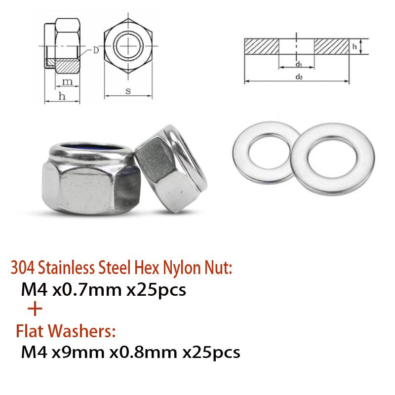 5-25pcs M2-M4 304 Stainless Steel Hex Nylon Insert Lock Nut Self-locking Locknut Locknut Whit M2-M4 Flat Washers
