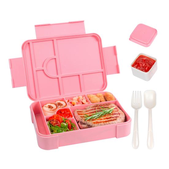 Bento Lunch Box Leak Proof 6-Compartment Lunch Box with Spoon Fork Sauce Cup BPA-Free Food Container for School Snack Container