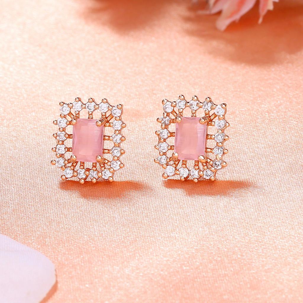 Estele Rose Gold Plated Mint Pink Stones Square Designer Stud Earrings For Women