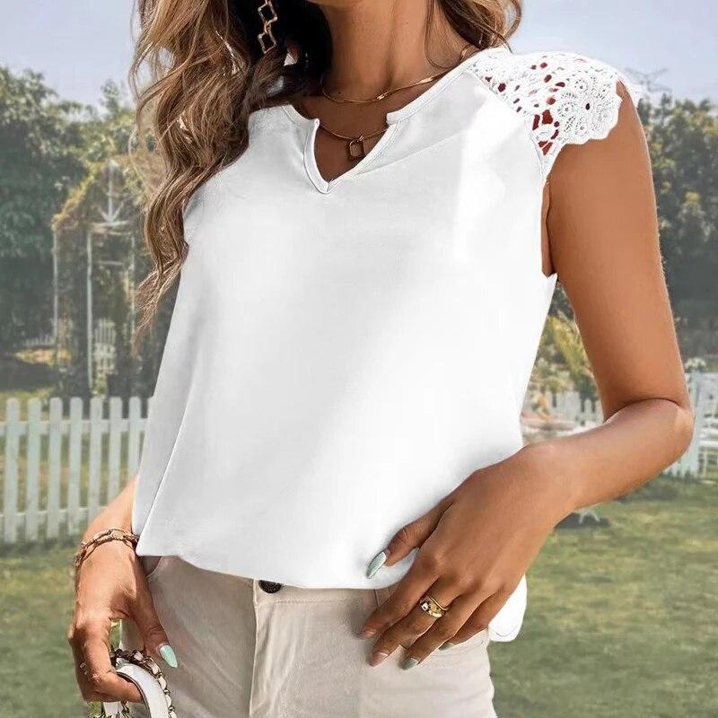 2023  V-neck Patchwork Lace Sleeve Blouse Women Fashion Casual Vest Tops Woman Hollow Out Loose Simple Ladies Shirts 30611