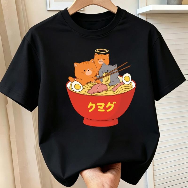 Children Crew Neck Short Sleeve T-Shirt with Cartoon Rabbit & Ramen Print