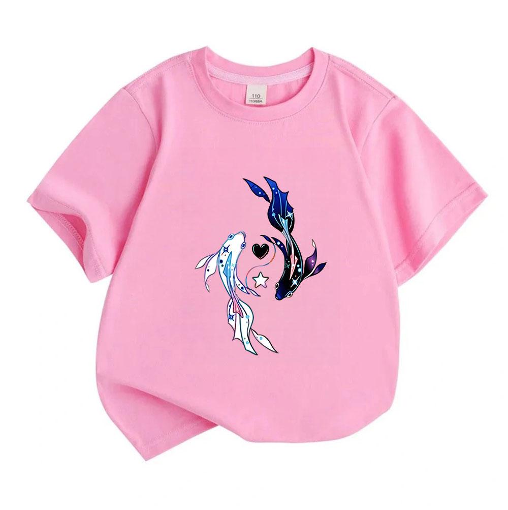 Kids Boys Girls 100% Cotton Crew Neck Short Sleeve T-Shirt, Aesthetic Cosmic Koi Fish Pisces Print Casual Soft Summer Tee for Children