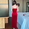 Gold Velvet Rhinestone Evening Gown for Women with Waist-Cinching Slim Fit and Split Strap Design