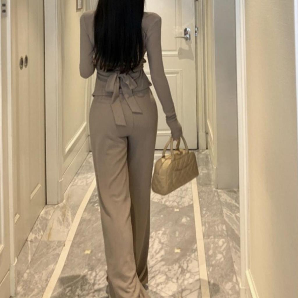 Irregular Slim Fit V-neck Top & Micro Flare Wide Leg Pants Set for Women - Autumn Collection 2026