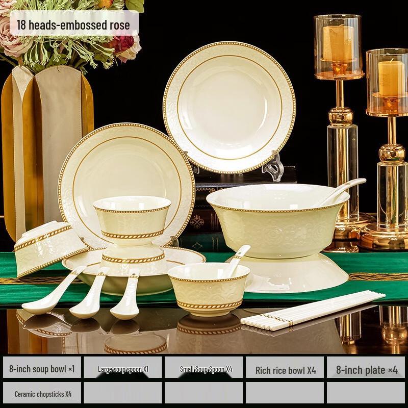 DX Embossed Rose 18-Piece Ceramic Tableware Set