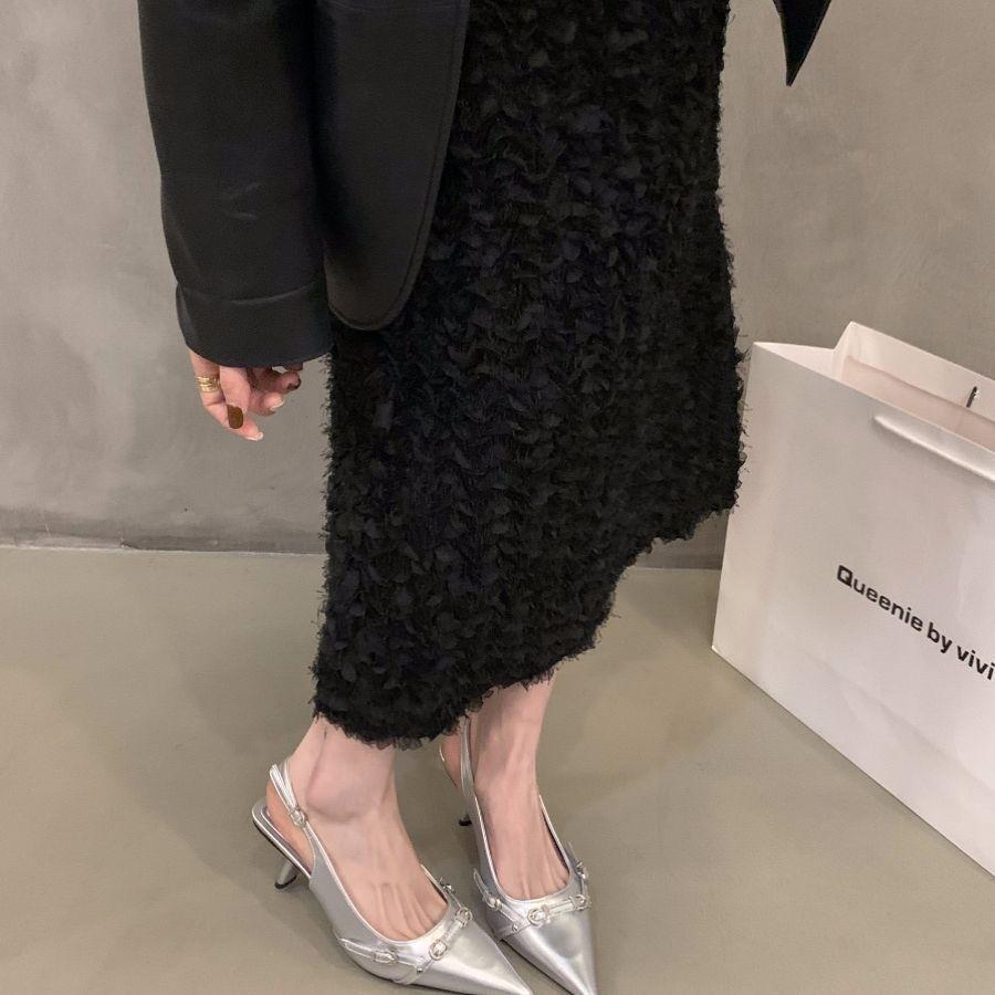 French Stiletto Black Bag Head Sandals Fairy Shoes 2025 New Spring and Summer Silver Single Shoes Pointed High Heels