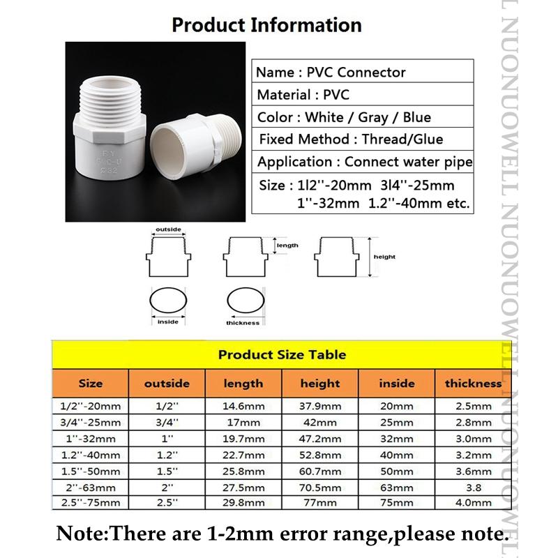 5pcs 20 25 32mm PVC Pipe Connector Male Thread Straight Pipe Connector Garden Irrigation Pipe Fittings Water Supply Tube Joints