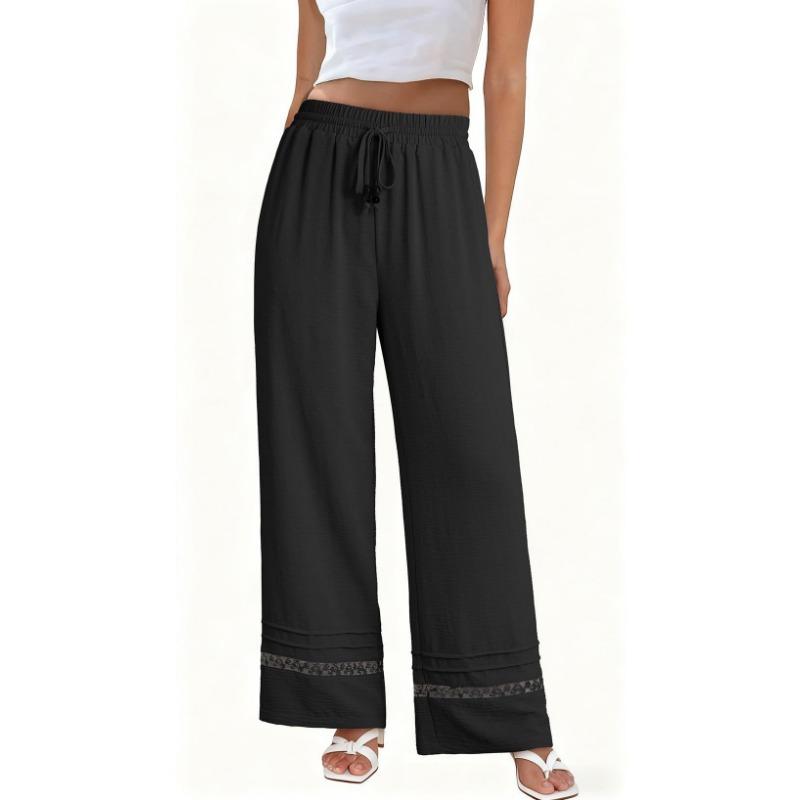 Casual Loose High Waist Solid Straight Hollow Out Wide Leg Cropped Pants For Women