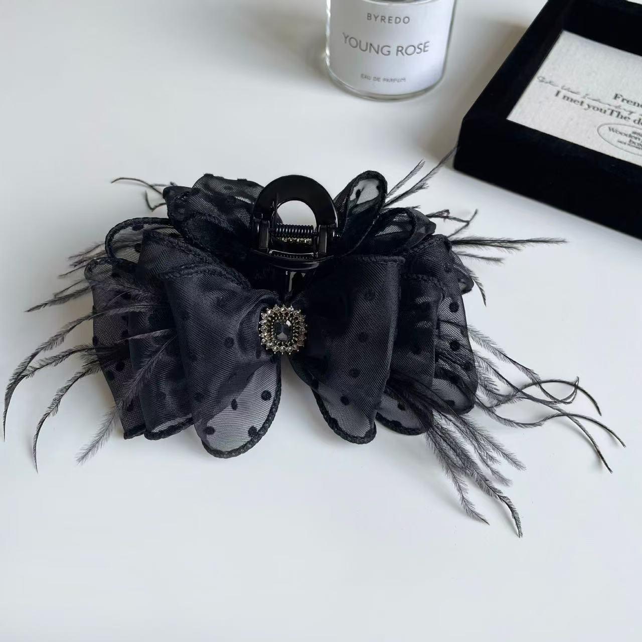 2025 Spring Rhinestone Bow Mesh Claw Clip - 13cm High Ponytail Feather Hair Accessory Feather Rhinestone Bow Claw Clip 8cm