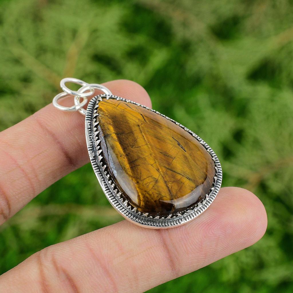 925 Silver Sacral Chakra Tigers Eye Gemstone Wedding Ethnic Birthday Pendant