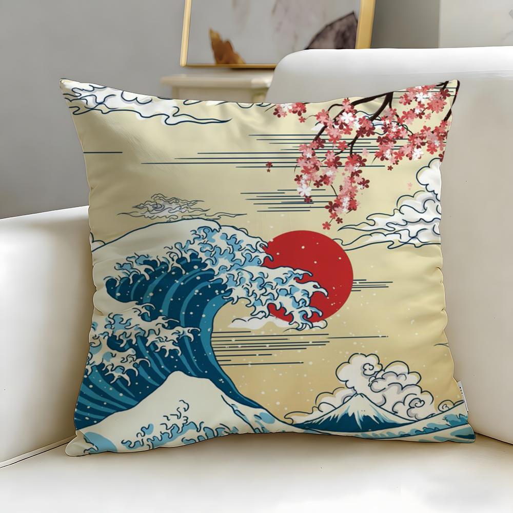 Classic Art Theme Japanese Waves Cushion Cover Soft  EasyWash Pillow Case  Versatile for Couch Bed Travel and Office