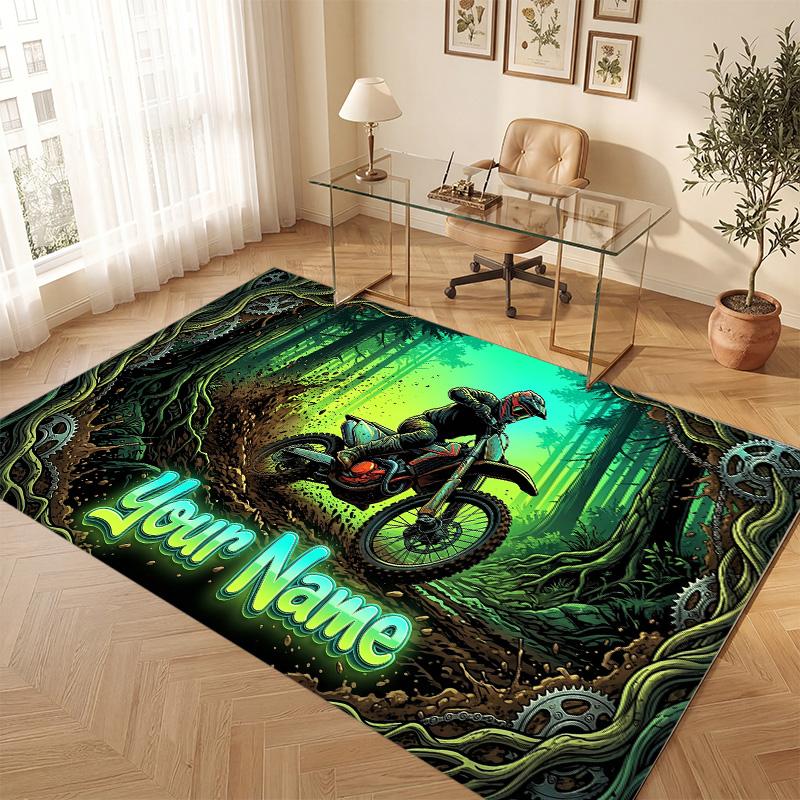 Motorcycle Biker Theme Soft Crystal Velvet Rug Custom Name & Text Print Non Slip Floor Rug for Bedroom Living Room