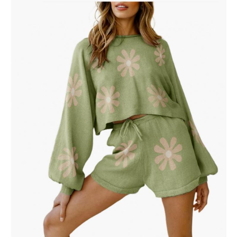 2026 Women Knit Pajama Set, Long Sleeve Top & Shorts, Casual Loungewear Home Sportswear