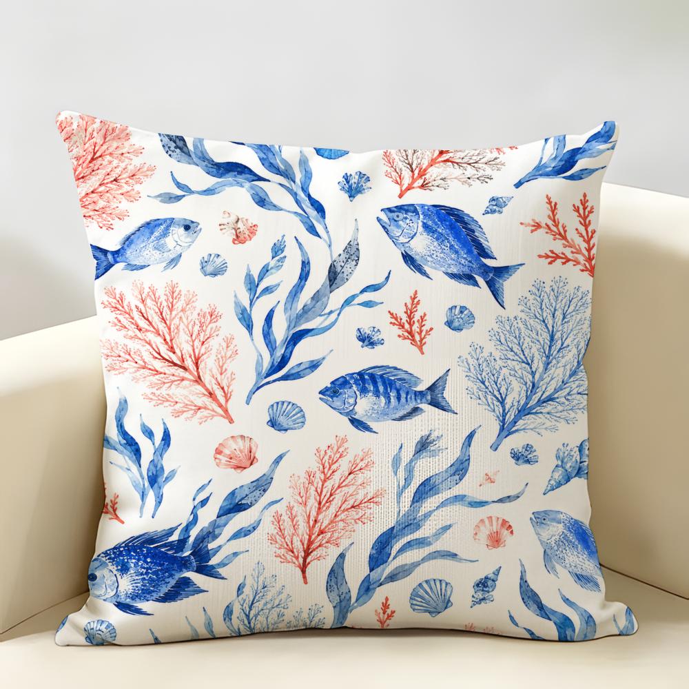 Blue White Red Ocean Animals Cushion Cover Natural Linen Organic Fabric Double-Sided Printing Breathable Perfect For Home Decor