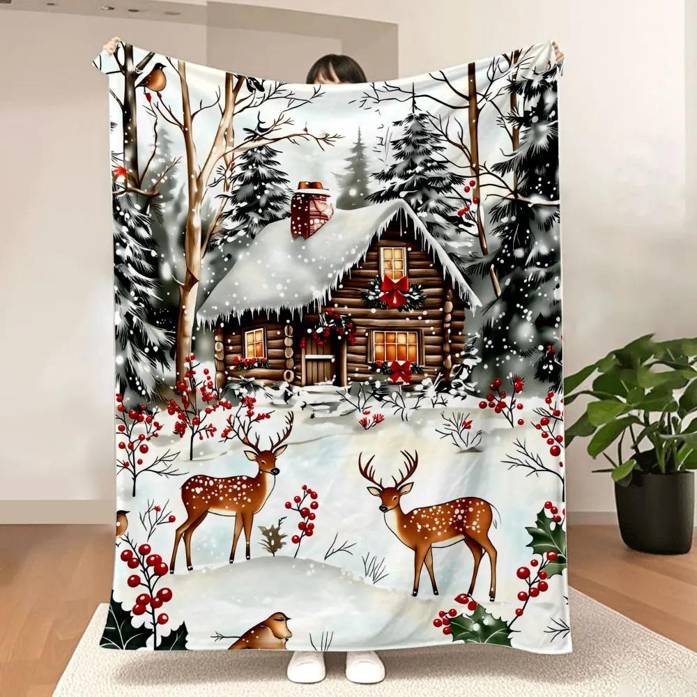 

Christmas Cabin Snow Blanket - Cozy Printed Throw with Festive Log Cabin, Snow-Covered Roof, Red Chimney, Deer, Holly & Birds, P 70x100cm білий