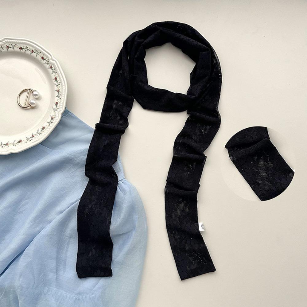 

White Black Lace Long Scarf Dots Flower Long Ribbon Trendy Neck Strap Women 2-Black