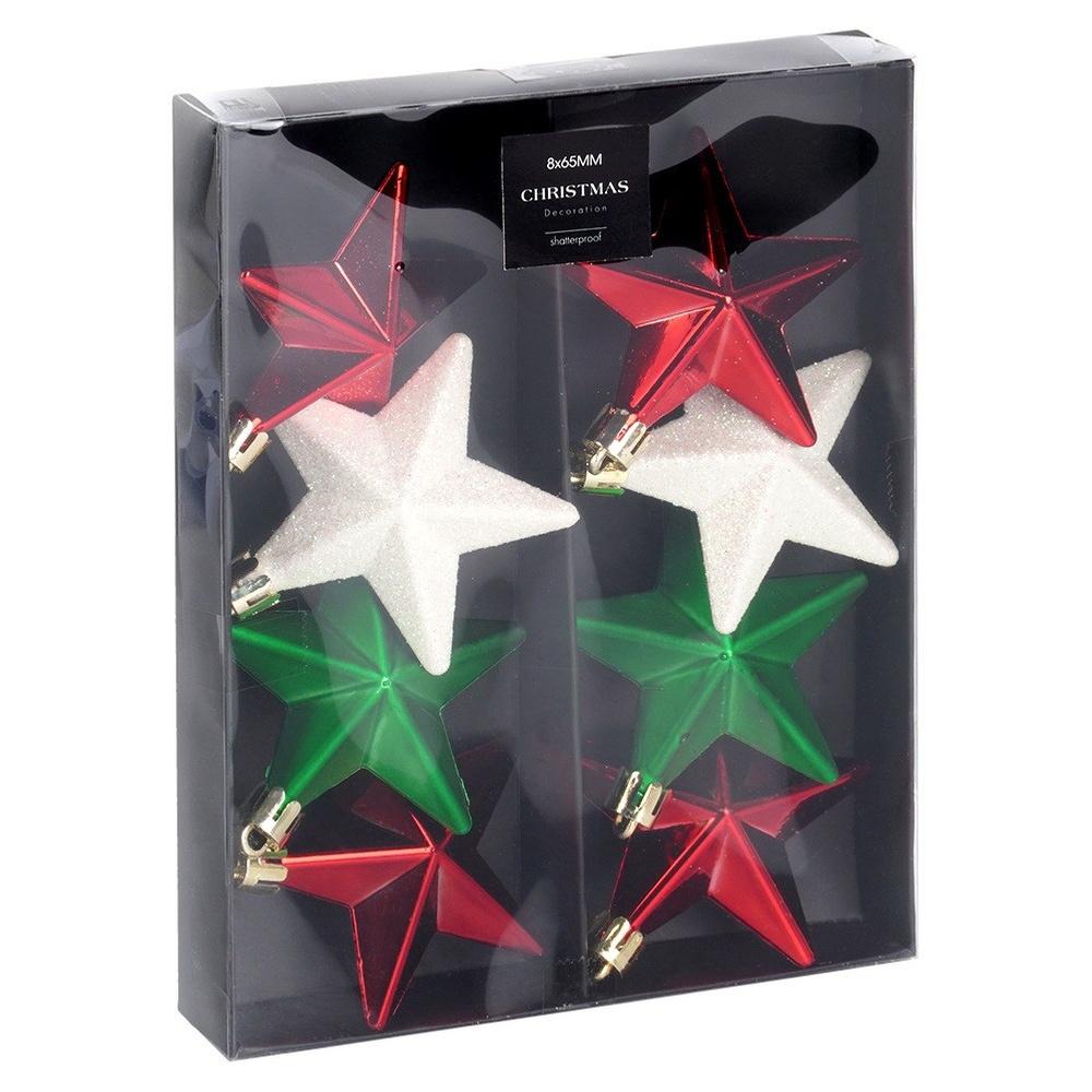 Shatterproof Christmas tree baubles stars red green white 6.5 cm 8 pcs.