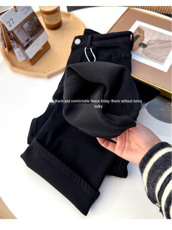 S35 Women's High-Waisted Slimming Wide-Leg Fleece Denim Pants - Black-Gray.