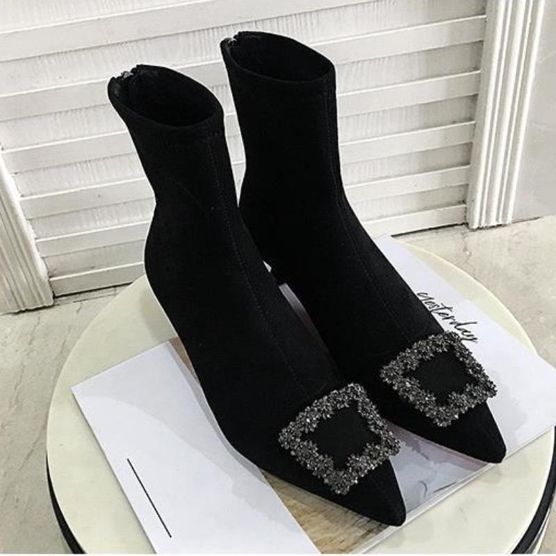 Ankle Boots Women Boots Women Shoes Woman Fashion High-heeled Pointed Flock Spring Autumn Rhinestone Short Boots