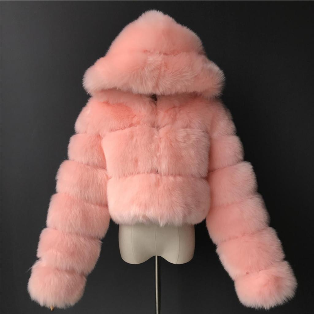 Furry Cropped Faux Fur Coats Bundy Dámske Fluffy Top Coat Krátke zimné kožušinové kabátiky s kapucňou