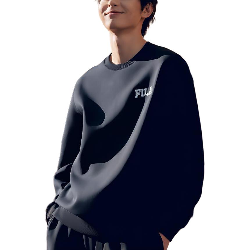 Fila Original Loose Comfortable Knit Crew Neck Sweatshirt Simple Fashion Long Pants Casual Sports Suit F11M439211F-BK+F11M439606F-BK