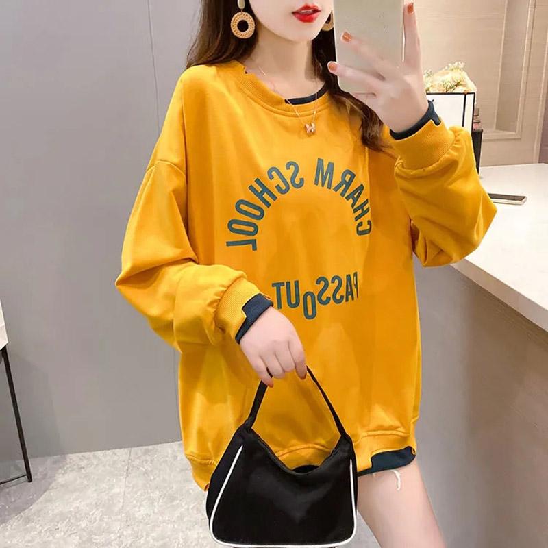 Cotton Sweatshirt Women Autumn Spring Large Size Loose Mid-Length Round Neck Sweatshirt Casual Versatile Long Sleeve Tops