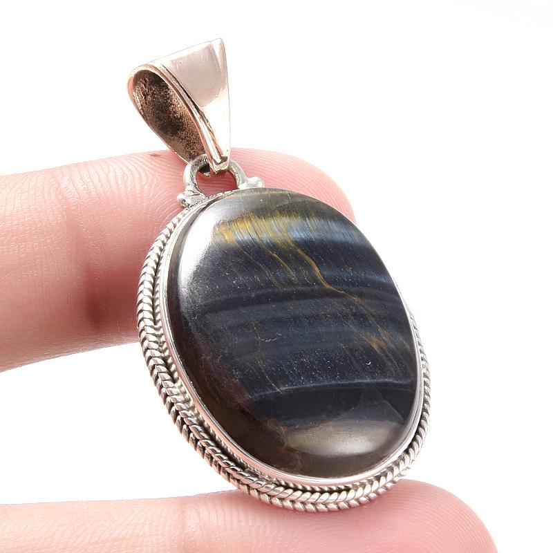 Natürlicher Blauer Tigerauge Edelstein 925 Sterling Silber Zweifarbig Anhänger 1,8'' d0Z34