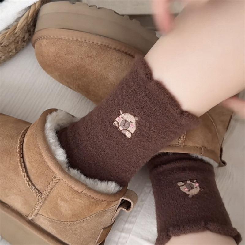 Female Autumn and Winter Thickened Warm Cartoon Embroidery Home Floor In The Tube Socks