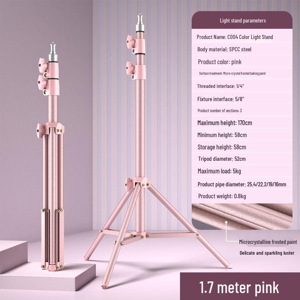 1.7m Portable Pink Tripod with Gilded Micro-Frosted Metal Finish and Phone Fill Light.
