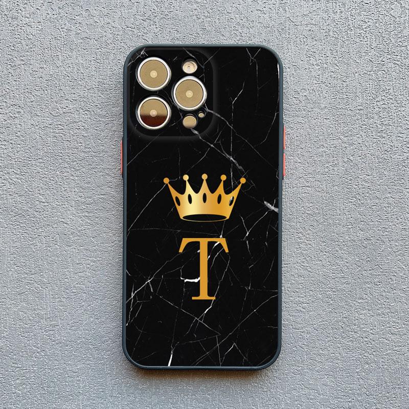 Crown Letter A To Z Phone Case For Iphone 16 13 14 15 Pro Max 11 12 8 7 Plus SE20 X XR XS Marble Pattern Black Shockproof Cover