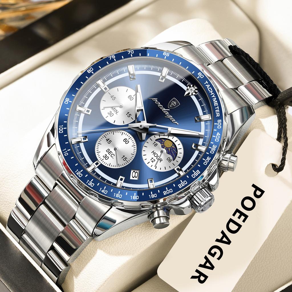 POEDAGAR Luxus Sportuhr für Herren Wasserdicht Leuchtend Datum Chronograph Herren Armbanduhr Edelstahl Herren Quarzuhren+Box