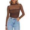 Womens Sexy Mesh Long Sleeve Shirts Fashion Clothing Turtle Necks Sheer Ruched Going Out Tops Fall Outfits Slim Fit Blouses