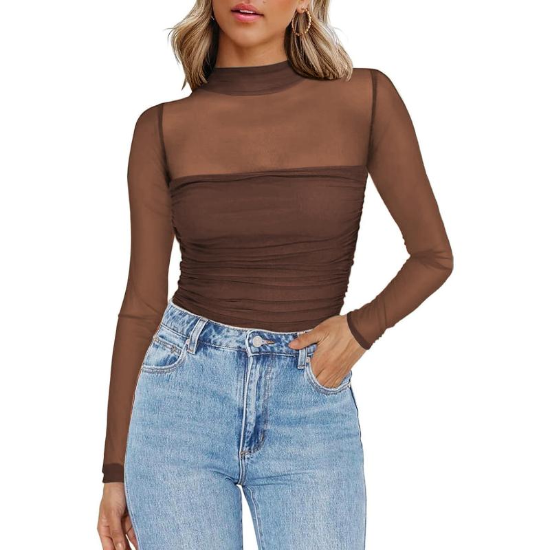 Womens Sexy Mesh Long Sleeve Shirts Fashion Clothing Turtle Necks Sheer Ruched Going Out Tops Fall Outfits Slim Fit Blouses