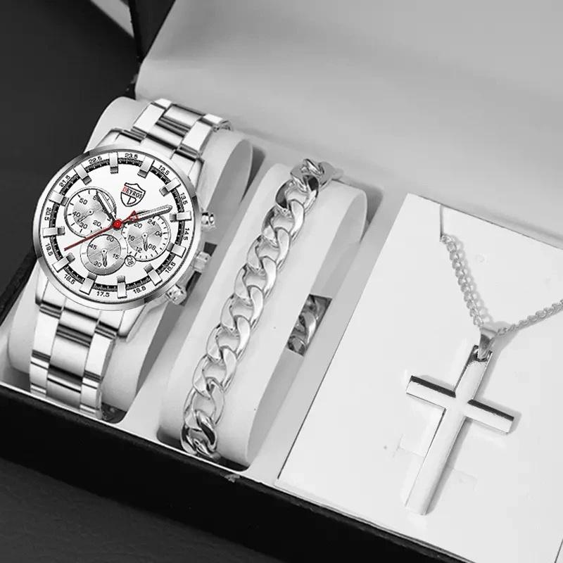 

3 шт./комплект модные мужские повседневные круглые указатели из нержавеющей стали кварцевые наручные часы и браслет и ожерелье, идеальный выбор для подарков