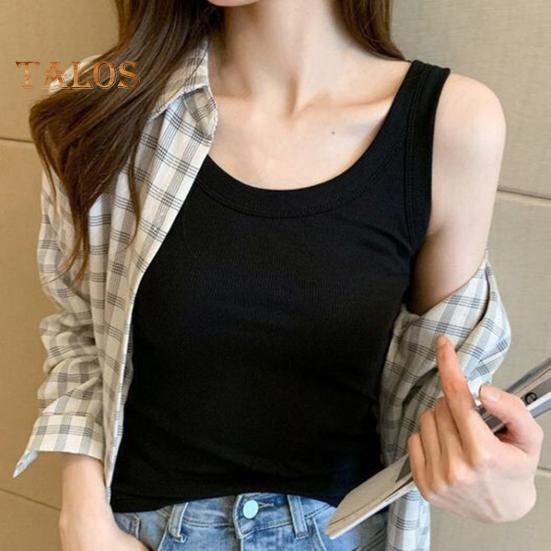 Women Vest U-Neck Sleeveless Wide Shoulder Straps Solid Color Ribbed Tank Tops Summer Elastic Thin Vest