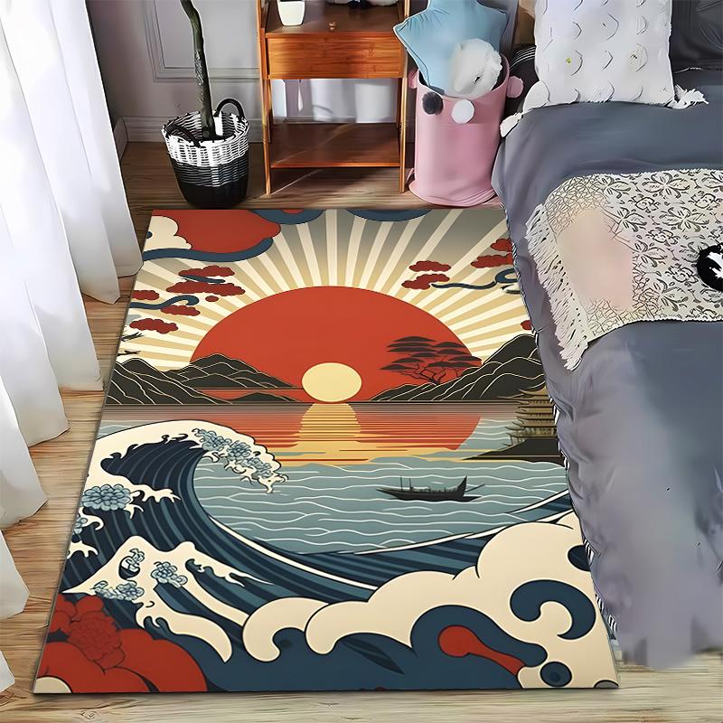 

Japanese-Inspired Teal Waves Sunset Rug Suitable for use as an anti-slip game mat for living room and bedroom sofas 40x60cm( 15x23in )