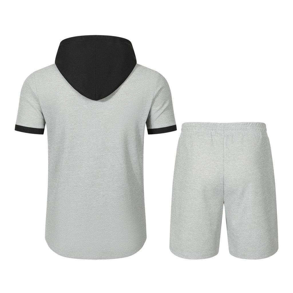 Men's Color Block Hooded Short Sleeve Cardigan Jacket and Shorts Set for Summer