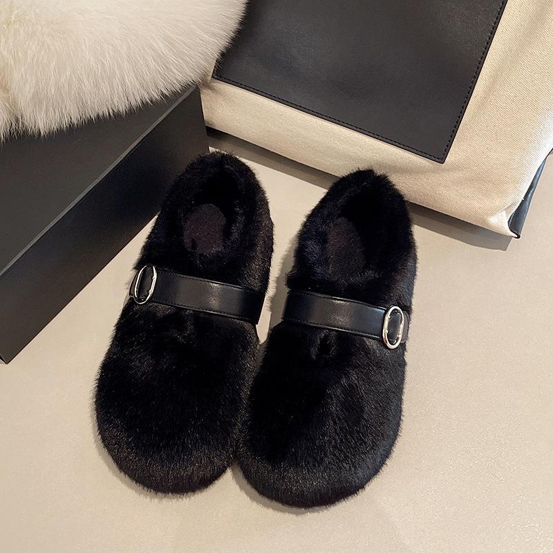 French Fluffy Shoes for Women's Outer Wear 2025 Autumn and Winter New One-pedal Plush Mary Jane Doudou Single Shoes Cotton Shoes