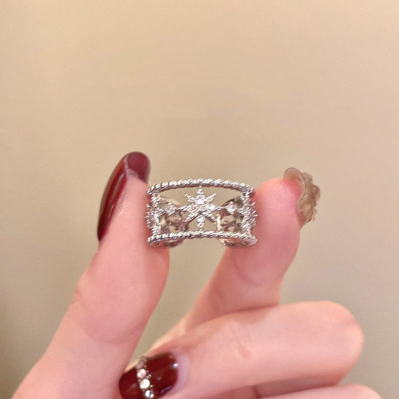 

Luxury Zircon Crystal Star Rings for Women Girls Fashion Imitation Pearl Double Layered Hollow Opening Rings Party Jewelry Gifts