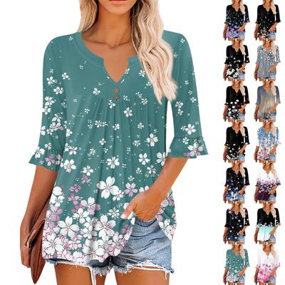 3/4 Sleeve Tops For Women Casual Ruffle V Neck T Shirts  Work Blouses Dressy Tunic Tops