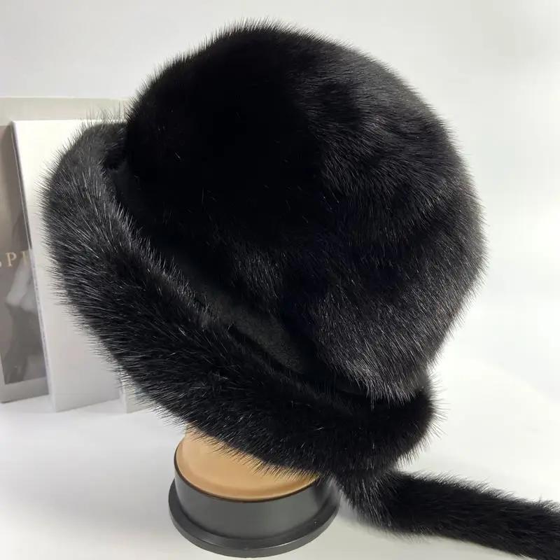 Warm Winter Real Snow Mink Fur Hat with Tail Russian Women Soviet Cap Penguine Hat Luxury Women's Winter Natural Fur Hat 2022