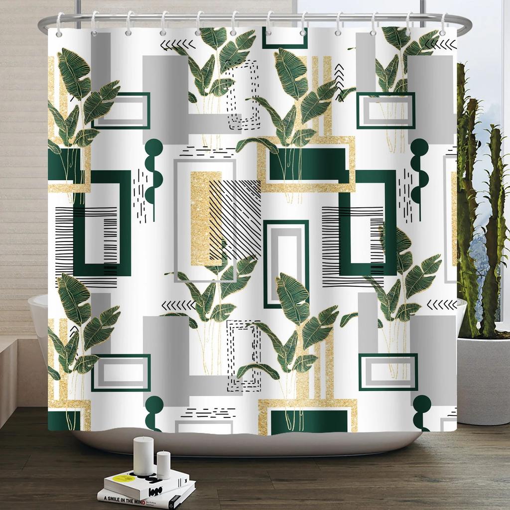 Mid Century Abstract Boho Shower Curtain Green Leaf Plant Modern Arch Sun Minimalist Nordic Waterproof Bathroom Bath Curtain